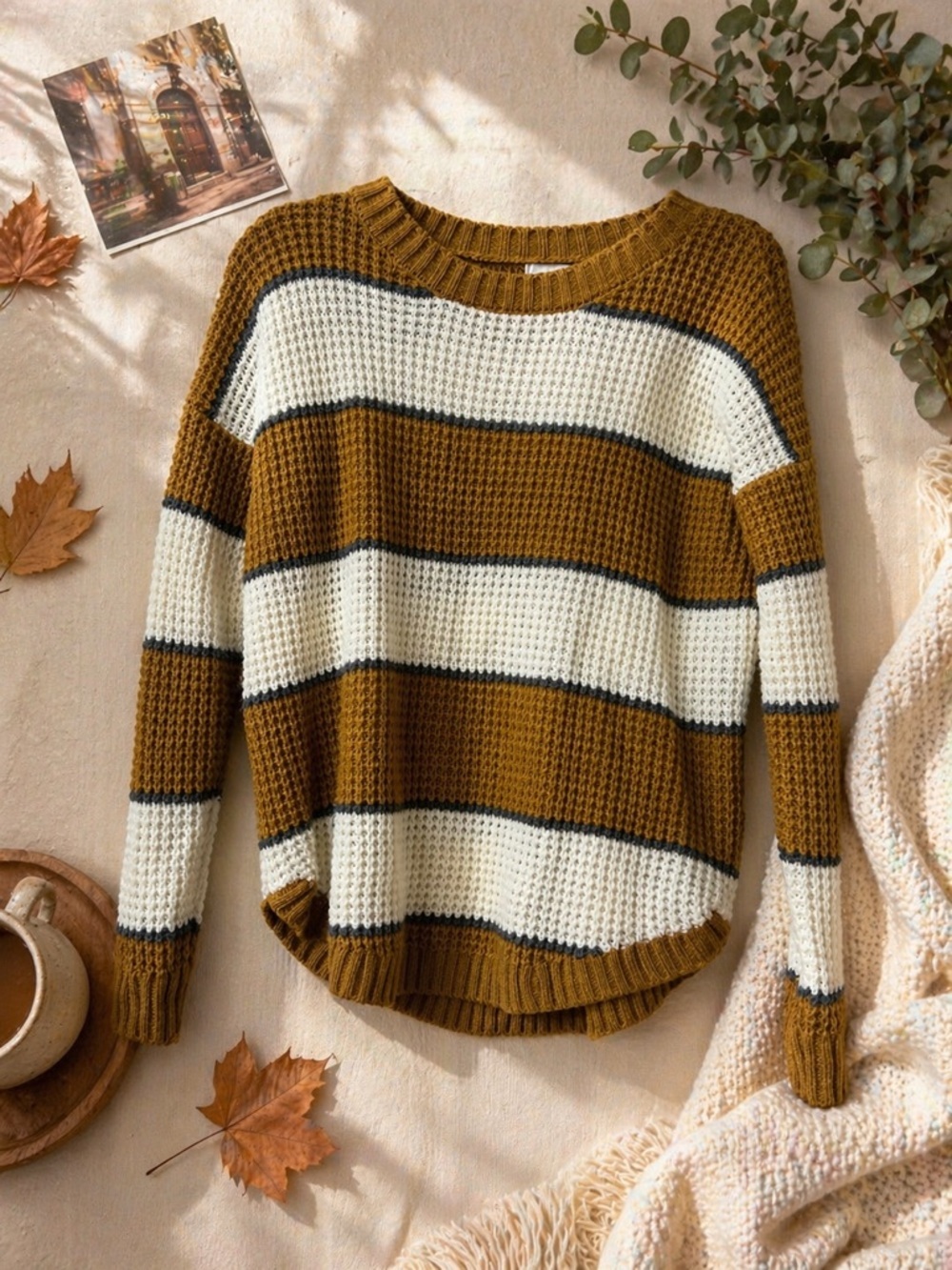 SO Mustard and Cream Striped Waffle Crewneck Sweater